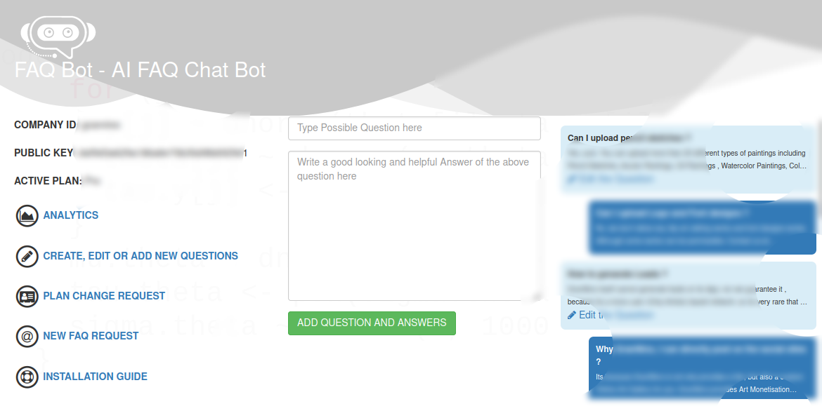 FAQ Bot user dashboard panel